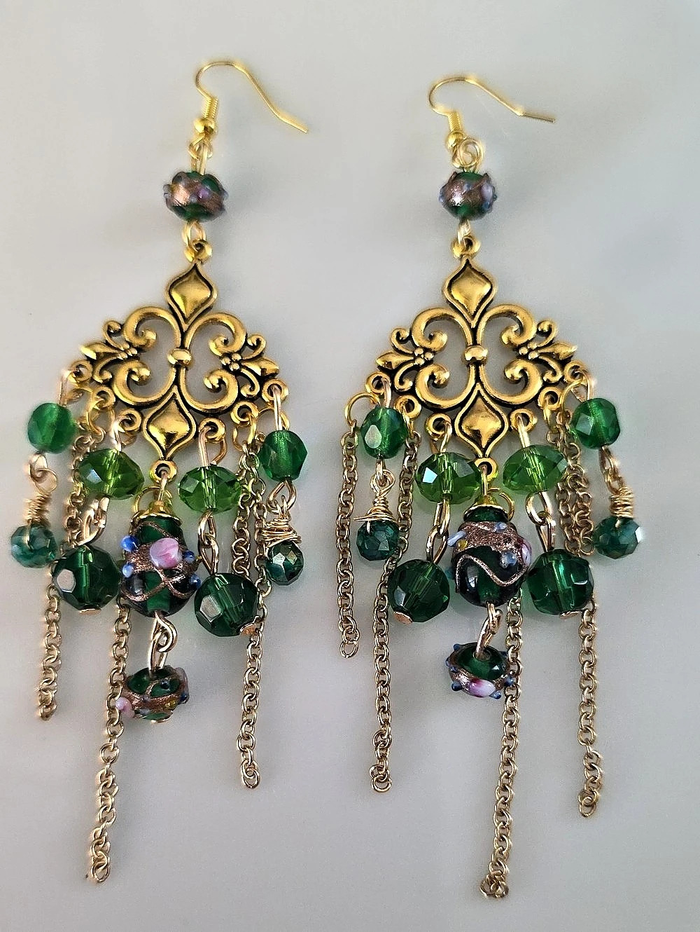 Chandelier Handvrafyed Earings with Green Glass Beads